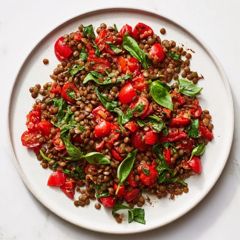 Vibrant image of a freshly made Lentil-Tomato Skillet, bursting with juicy tomatoes and spinach.