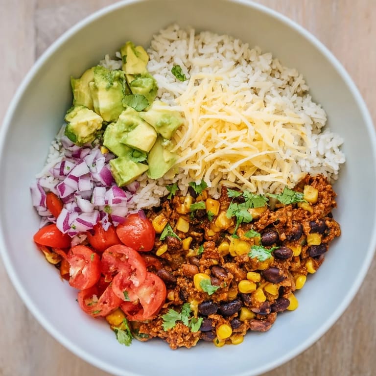 Looking at warm Rice, Bean, and Corn Burrito Bowls, you can imagine fresh cilantro and creamy avocado alongside the seasoned beans.