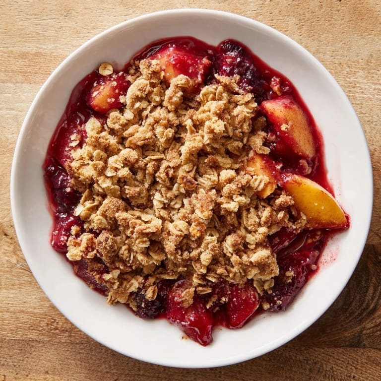 Oven-baked fruit crisp with mixed berries, a comforting dessert with a crispy oat crust.
