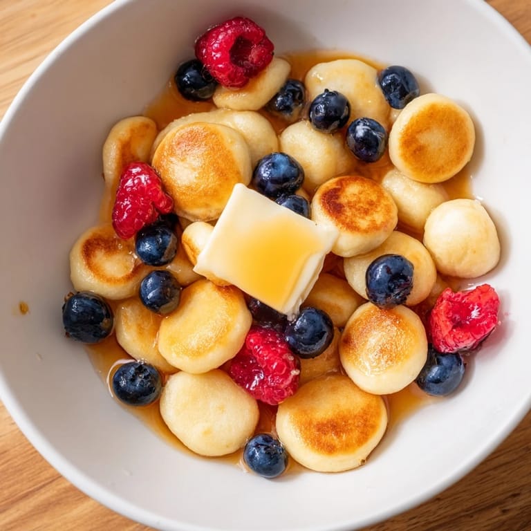 Delicious miniature pancake cereal, ready to be enjoyed with maple syrup and fresh toppings.