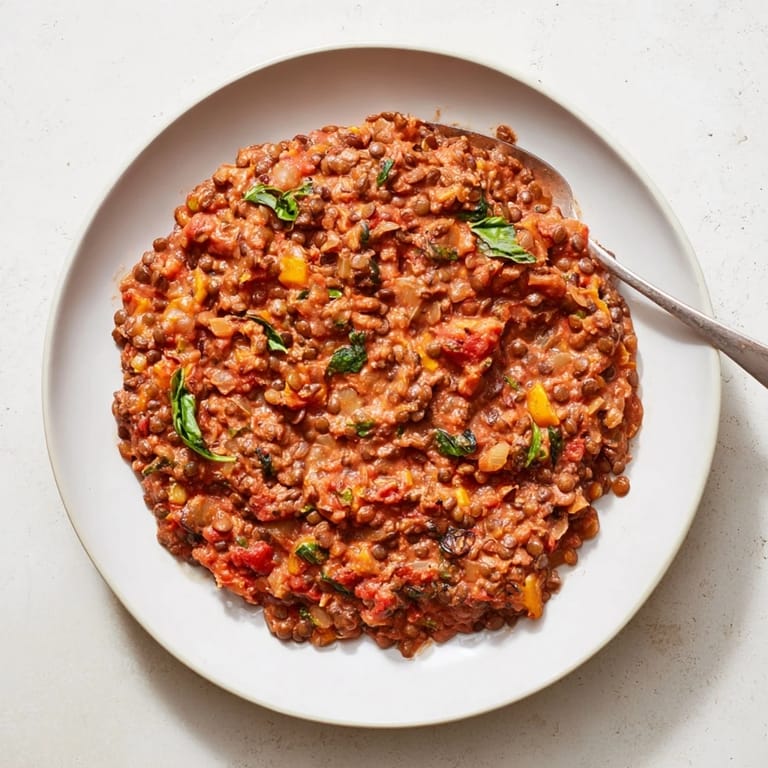 Enjoy a close-up of the delicious Creamy Tomato Basil Lentil Bolognese, before you plate it up.
