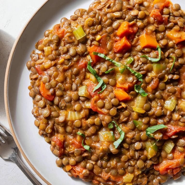 A steaming bowl of Creamy Tomato Basil Lentil Bolognese, rich with tomatoes and flavorful herbs.