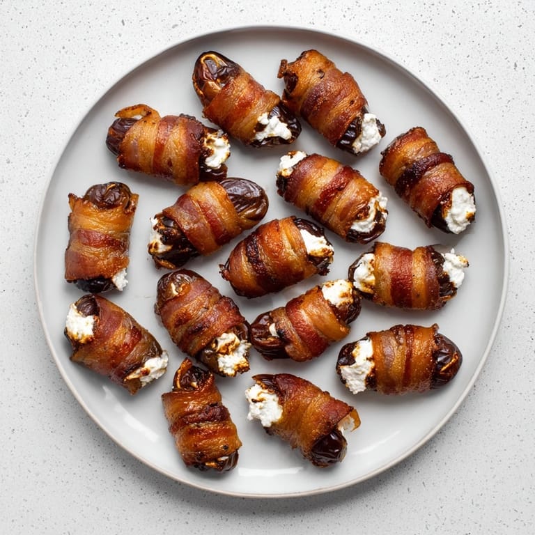 Savory bacon wraps sweet dates filled with goat cheese, a flavorful appetizer anyone can enjoy.
