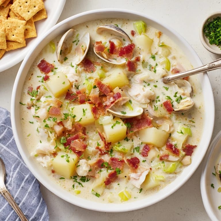 A bowl of steaming New England Clam Chowder, rich with clams and tender potatoes.