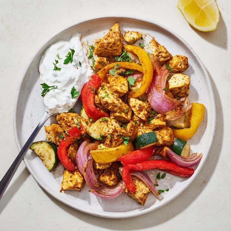 Vibrant Sheet Pan Chicken Shawarma features tender chicken thighs and colorful, seasoned vegetables, ready to serve.