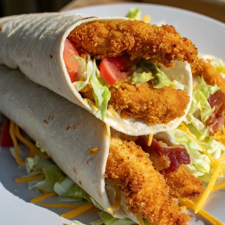 Mouthwatering close-up of a perfectly assembled Crispy Chicken Bacon Ranch Wrap, enticing you to take a bite.
