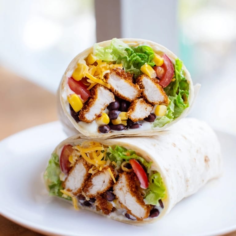 Close-up photo of a delicious Southwest Chicken Wrap, showing layered fillings ready to enjoy.