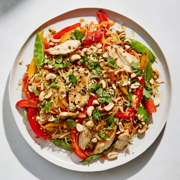 Tender chicken and crisp veggies star in this vibrant High-Protein Chicken Stir-Fry Salad Bowl with sesame flavors.