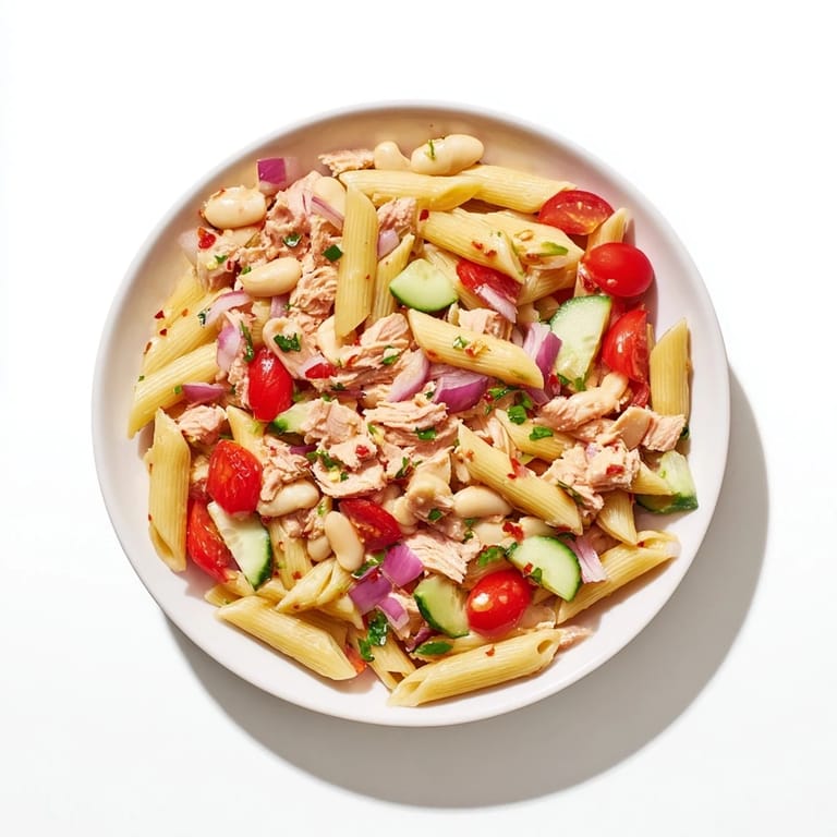 Enjoy a refreshing scoop of Spicy Tuna and White Bean Pasta Salad: perfect for a flavorful lunch or dinner.