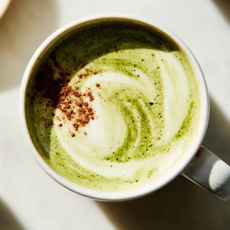 Warm Cinnamon Maple Oat Milk Matcha Latte, a delicious dairy-free beverage served in a ceramic mug.