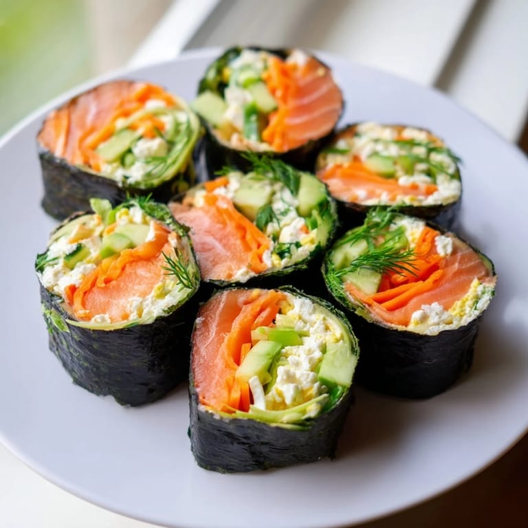 Appetizing High-Protein Sushi Wrap Smoked Salmon Holiday Roll pieces, garnished with dill and ready to be dipped.