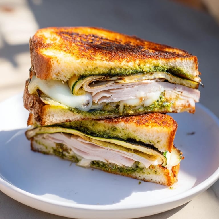A close-up of perfectly grilled Pesto Turkey Zucchini Grilled Cheese Stacks ready to be sliced and devoured.