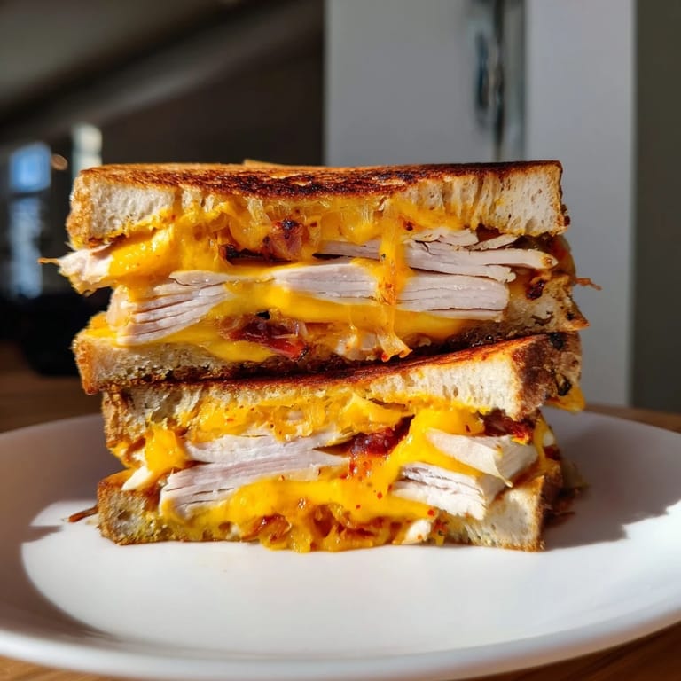 Savory Kimchi Turkey & Cheddar Toasted Grilled Cheese, featuring melted cheddar and toasted sourdough bread.