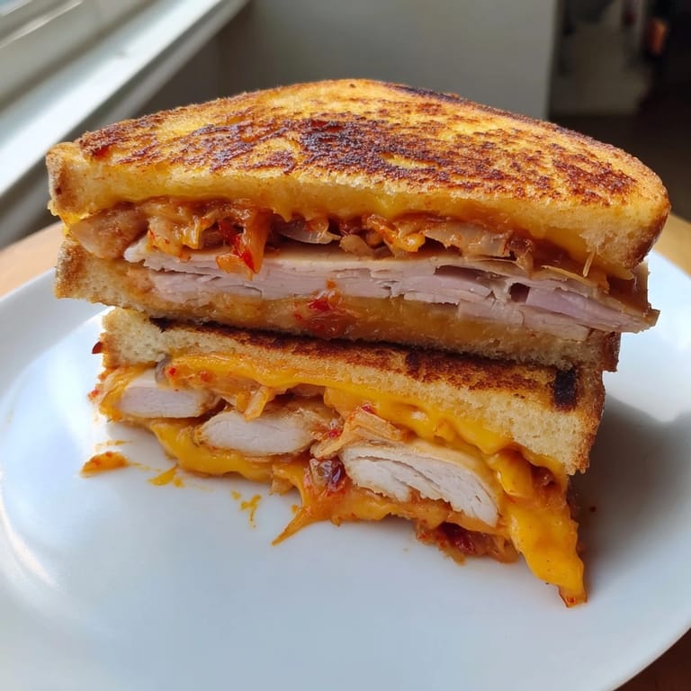 A close-up of a warm, delicious Kimchi Turkey & Cheddar Toasted Grilled Cheese, oozing melted cheese.