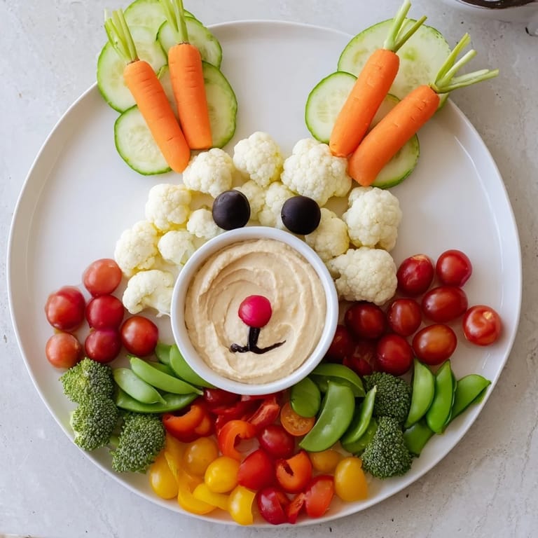 Enjoy this easy-to-make, festive Bunny Meadow Veggie Board, perfect for a healthy and fun Easter snack.