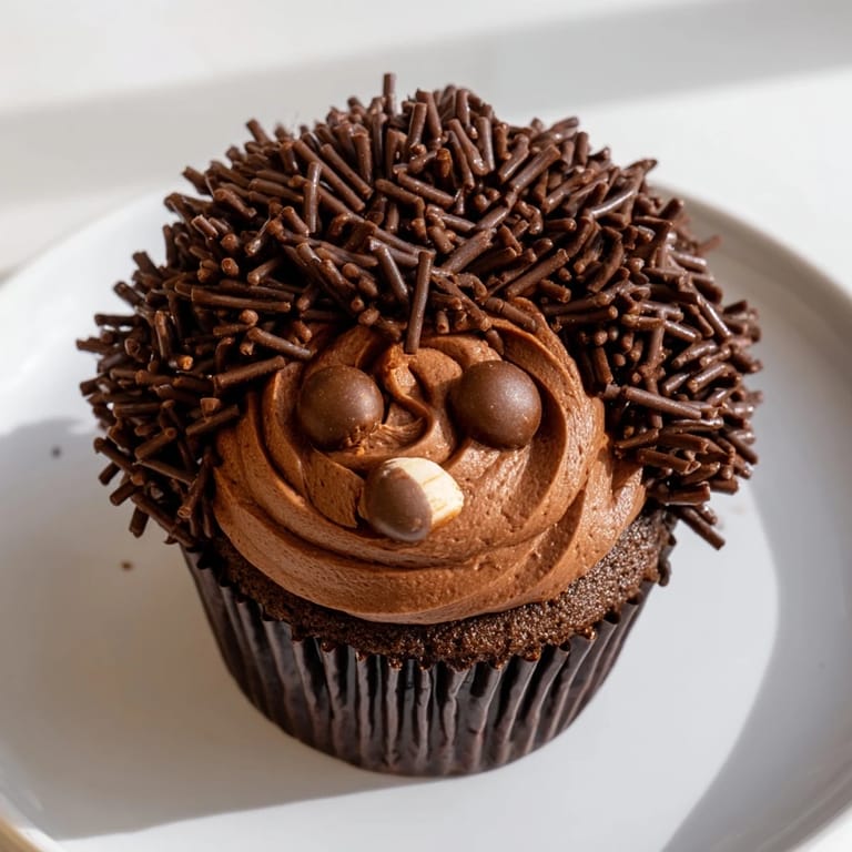 Fluffy hedgehog cupcake tower, a delectable dessert with chocolate frosting and sweet sprinkles.