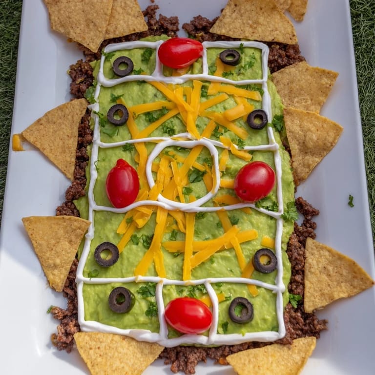 This loaded soccer field nacho platter, perfect for game day, features a delicious cheesy base with colorful toppings.