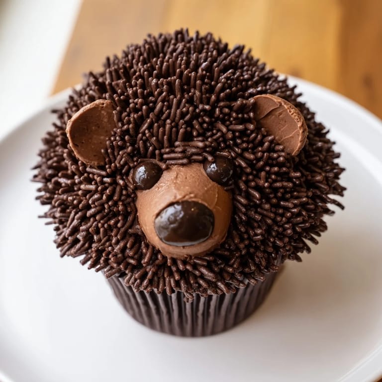 A delicious hedgehog cupcake tower with charming chocolate chip noses, ready to eat and enjoy.