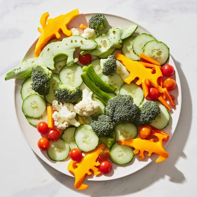 Vibrant Dino-Mite Dinosaur Fossil Crudités, a healthy appetizer with bell pepper "ribs" and cherry tomato eggs.