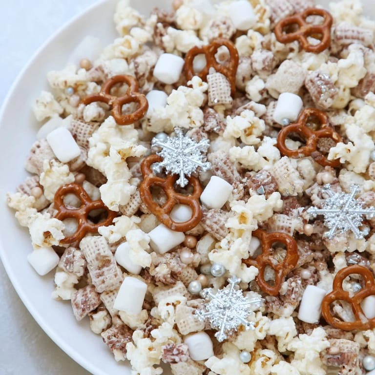 Sweet and salty Ski Season Snowflake Snack Mix, perfect for sharing, with pretzels, popcorn, and colorful sprinkles.