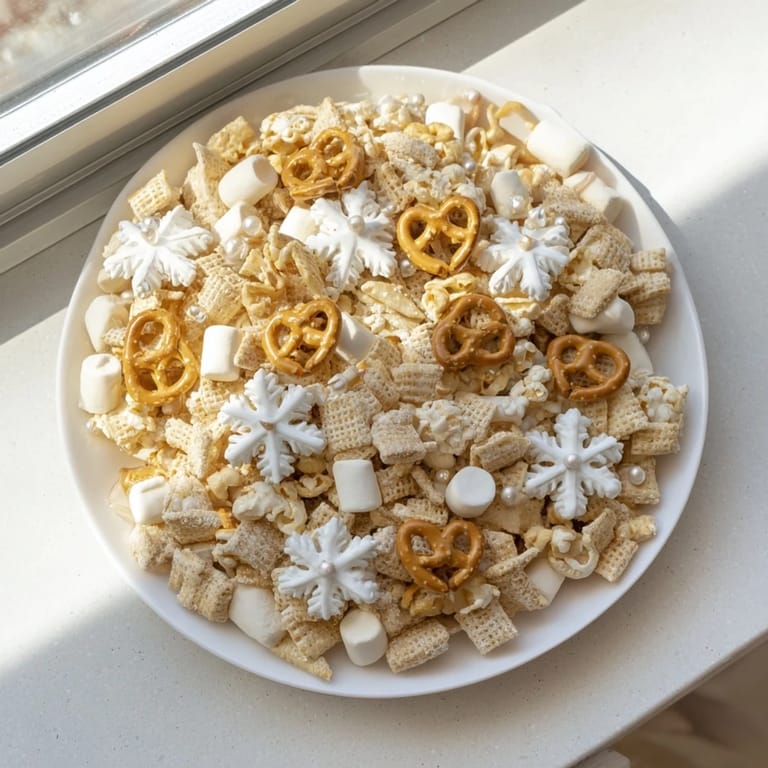 Close-up of a delightful Ski Season Snowflake Snack Mix, a crunchy, festive snack ready to enjoy.