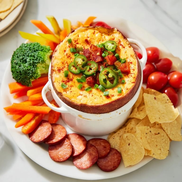 A bubbling, cheesy Lava Flow Volcano Dip Platter surrounded by sausage, veggies, and crunchy chips, ready to devour.