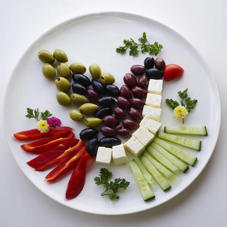 Mediterranean flavors abound in this Colombe de la Paix Olive Platter, with olives, cheeses, and herbs arranged in a peaceful dove shape.