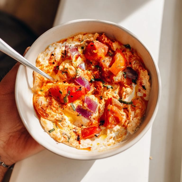 A close-up of the delicious Volcanic Lava Spicy Dip, showcasing roasted peppers and a rich texture.