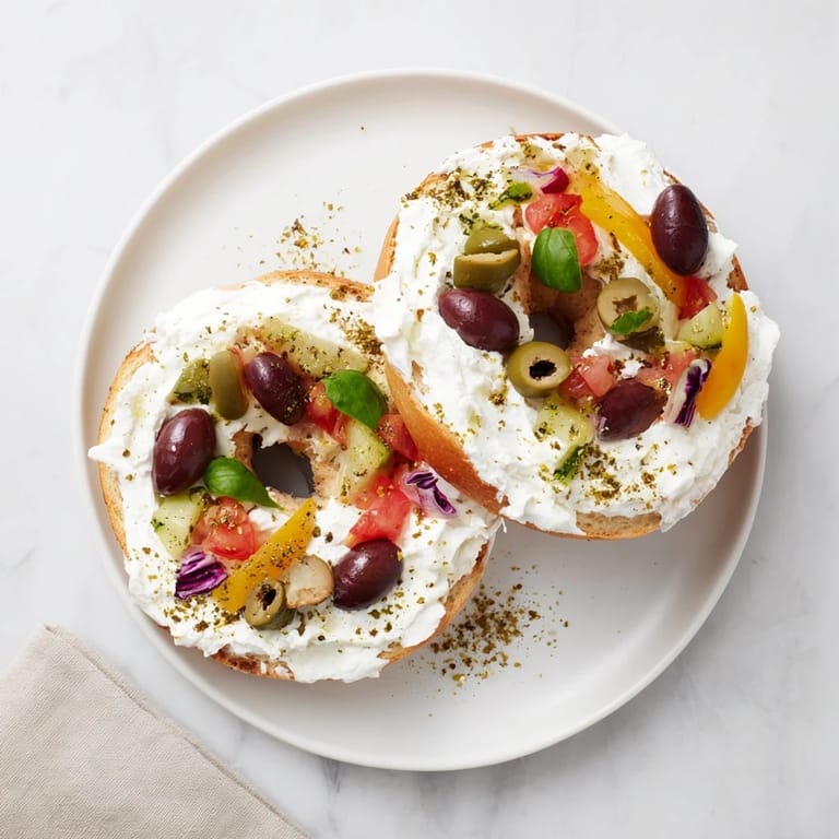 Close-up of the delicious Olympic Rings Medal Appetizer: cream cheese toppings arranged on bagel rings.