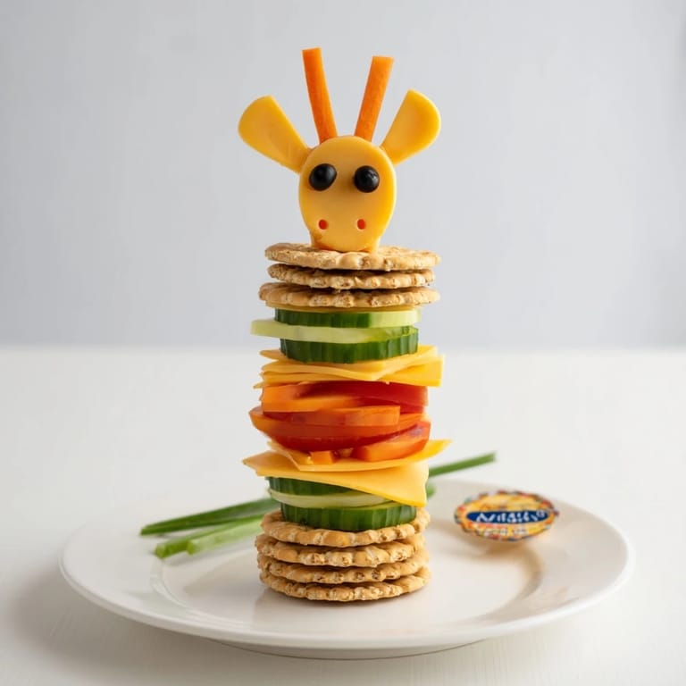 Creative Giraffe Tall Cracker Stacks stacked high with cheese and vegetables are ready for a party.