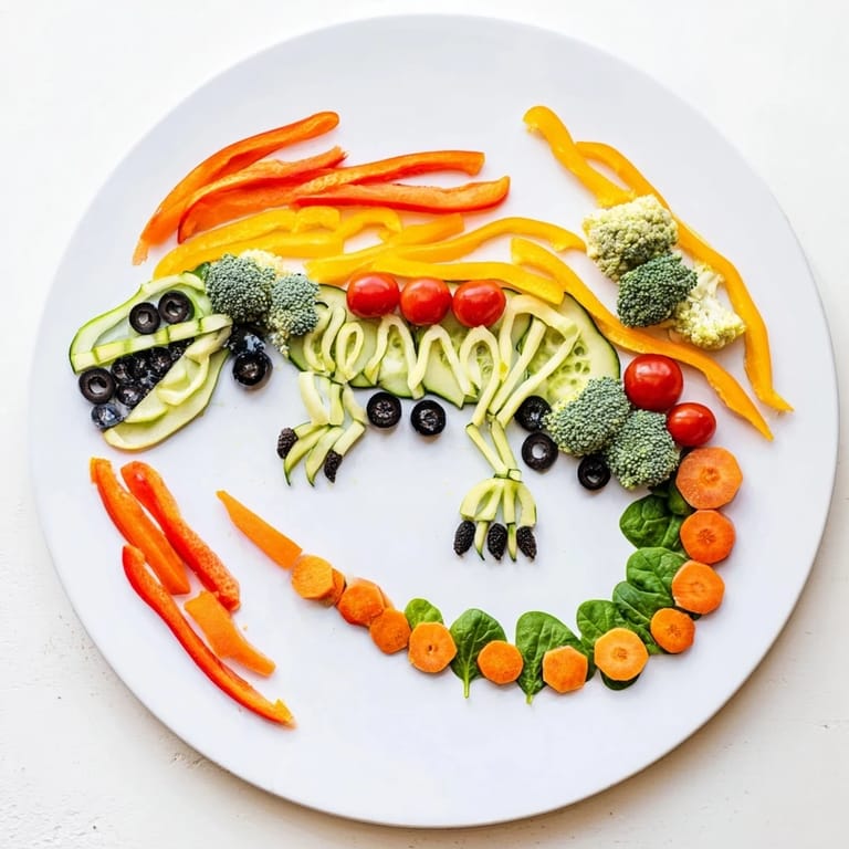 This appealing T-Rex Fossil Crudités features colorful bell pepper "bones" and a creamy dip, perfect for kids.