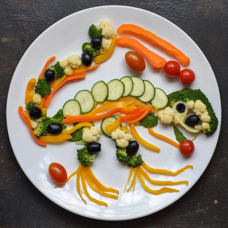 A delicious platter of T-Rex Fossil Crudités provides a playful arrangement of fresh veggies with a flavorful yogurt dip.