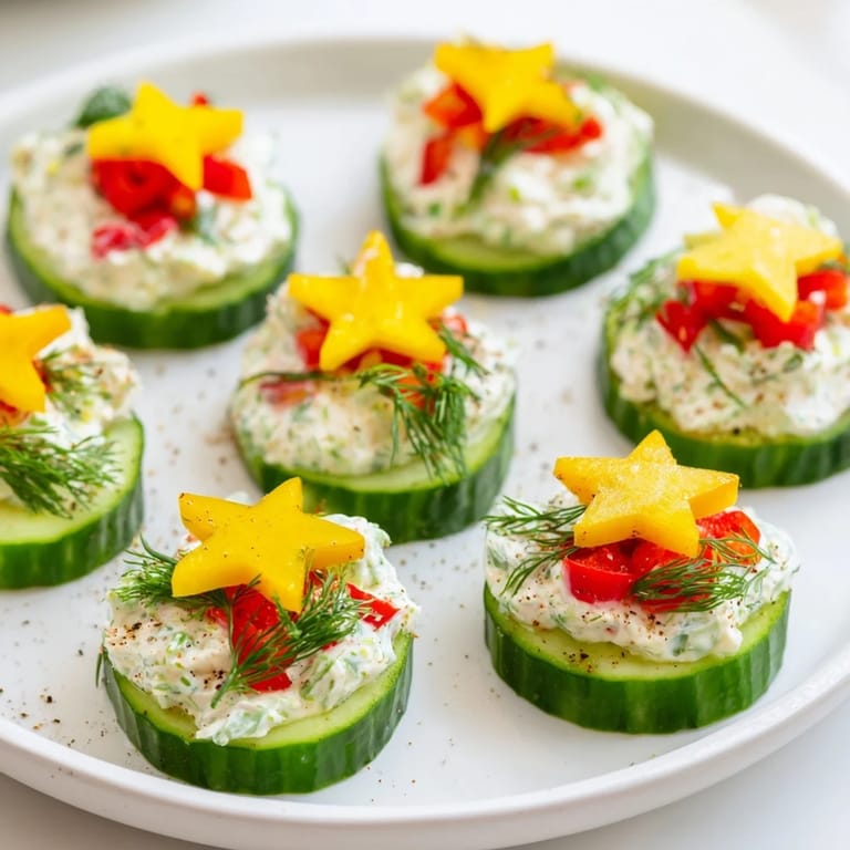 Close-up of delicious Holiday Star Cucumber Bites, perfect vegetarian appetizer for a holiday party spread.