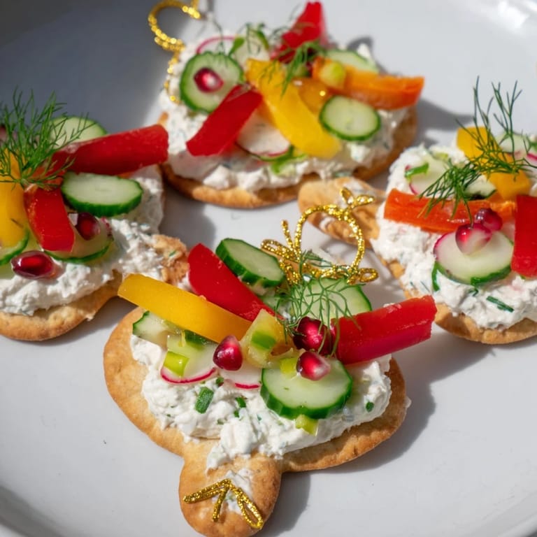 Vibrant Ornament Shaped Cracker Toppings, topped with fresh dill and pomegranate seeds, perfect party food.