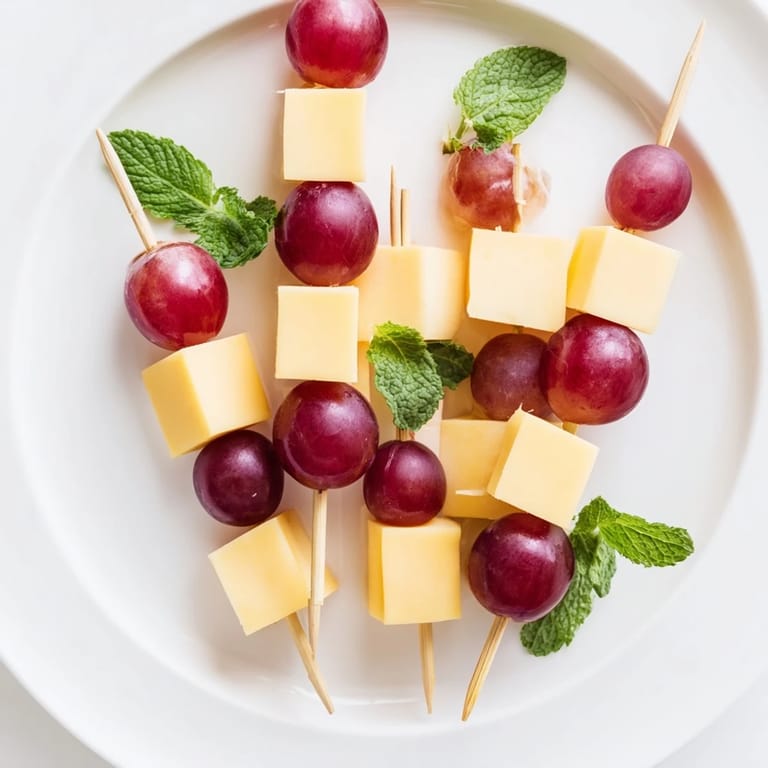 Freshly assembled Cheese & Grape Skewers: colorful skewers of cheese and grapes ready to serve.