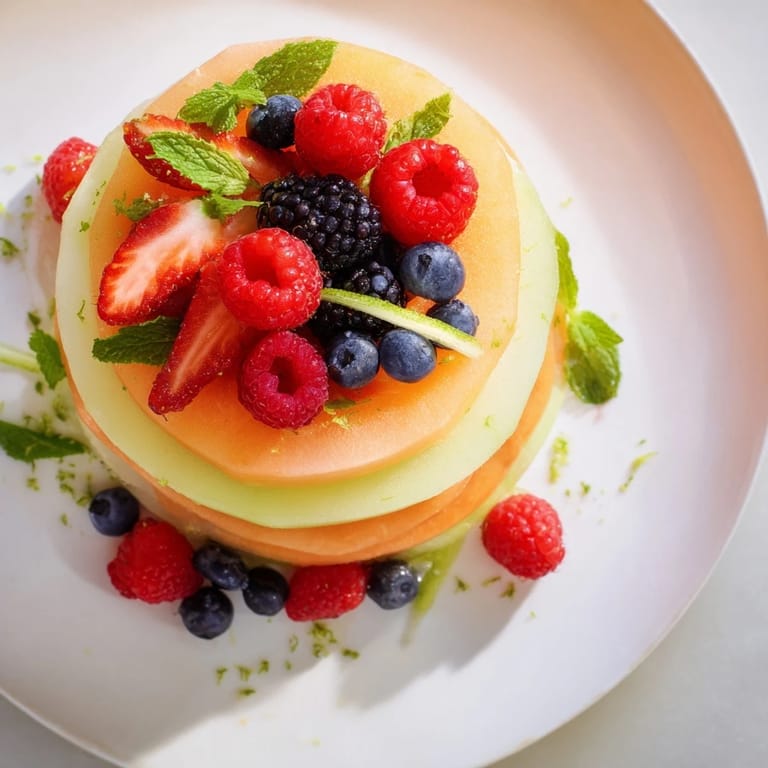 Beautiful fruit platter features juicy watermelon, cantaloupe, and berries artfully arranged on a platter.