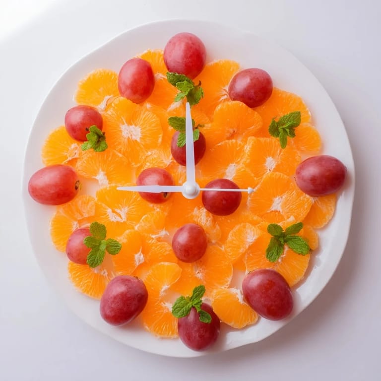 Bright orange and green Grape and Orange Slice Clock Face fruit arrangement, a healthy and festive snack.