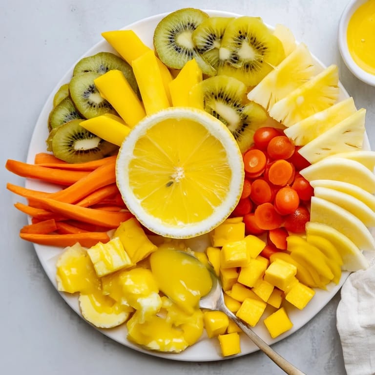 This colorful serving board presents a delicious Sunny Yellow Citrus Burst, radiating freshness, perfect for sharing.