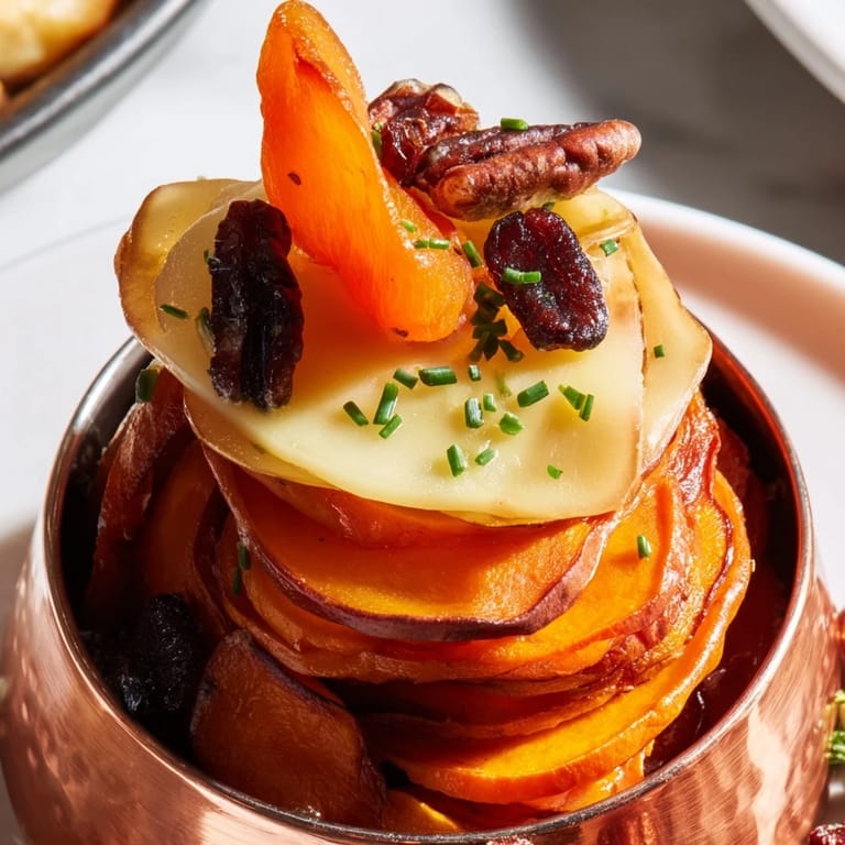 Delicious and colorful Copper Penny Warmth: warm sweet potatoes and carrots baked until tender with cheese.
