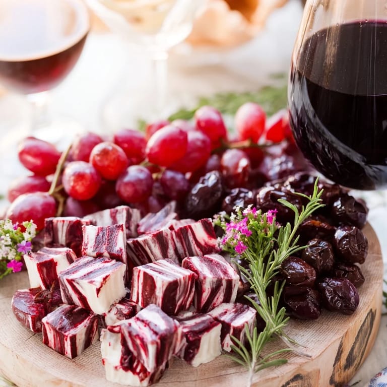 Vibrant Ruby Red Wine Stain Board: a stunning, artful array of cheeses and cured meats.
