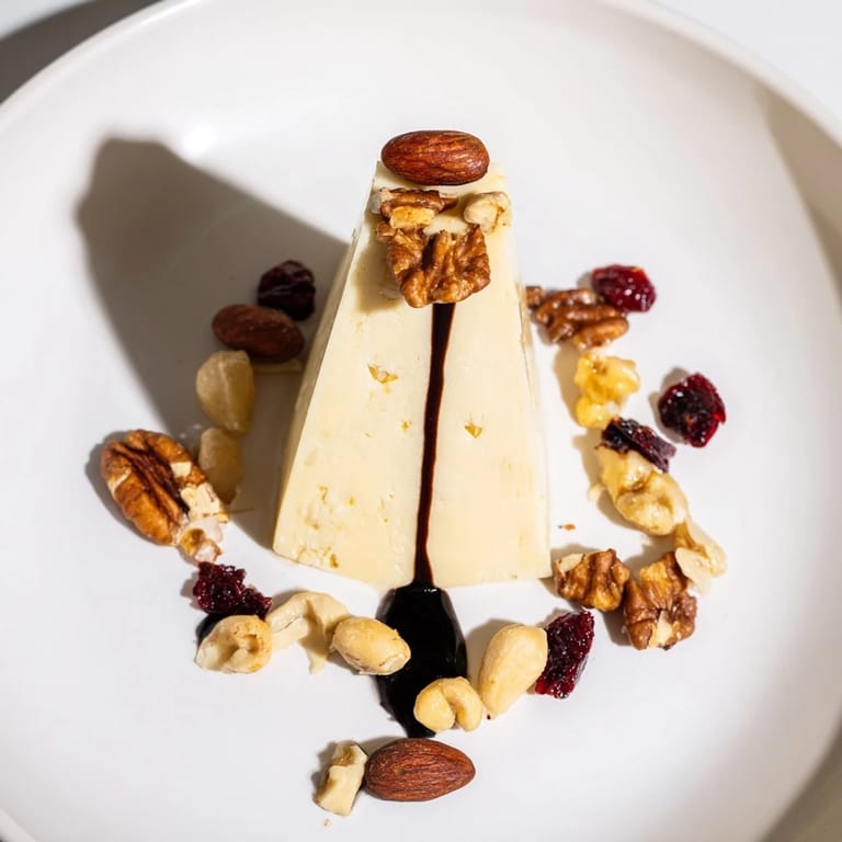 Visually impressive Sundial appetizer: hard cheeses, nuts, and a balsamic glaze creating an artistic platter.