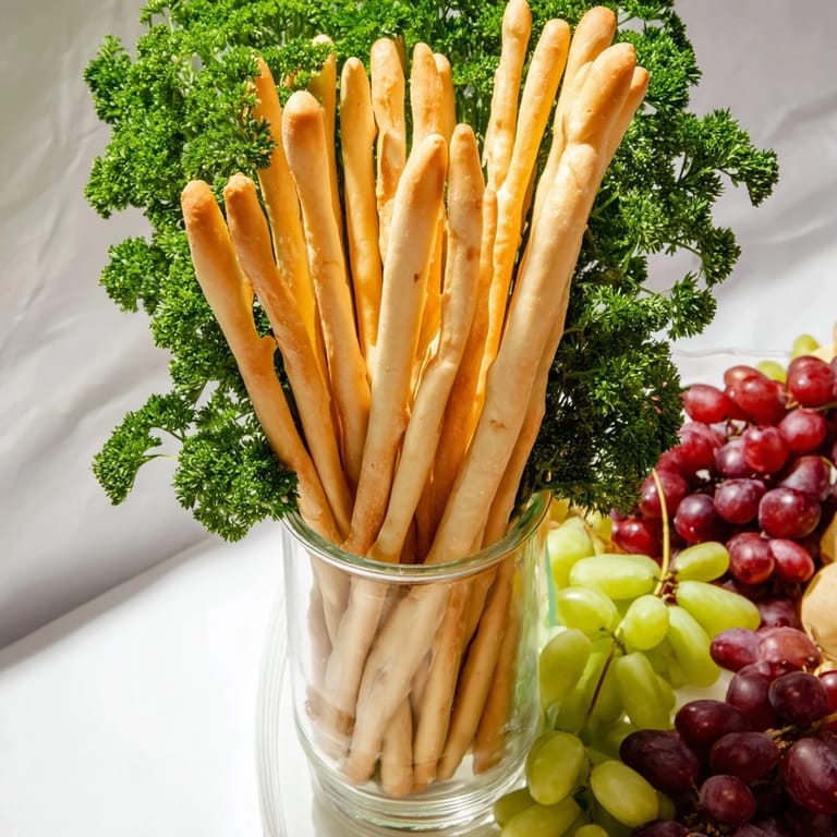 Impressive "Vertical Forest" arrangement: clear jars displaying breadsticks, surrounded with grapes and parsley.