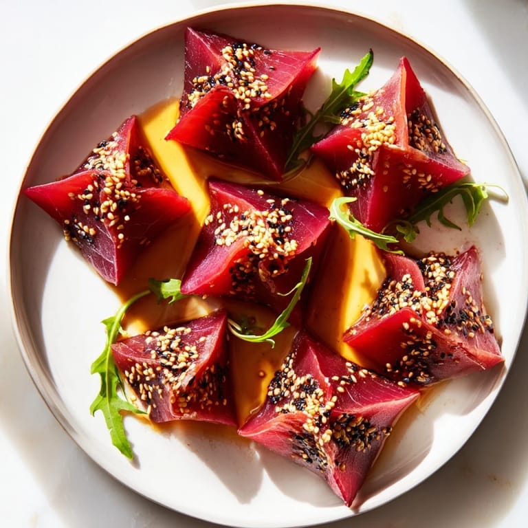 Savory Origami Fold Beef Appetizer, arranged artfully with a drizzle of marinade and toasted sesame seeds ready to be enjoyed.