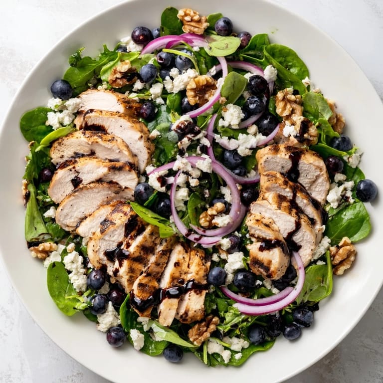 A close-up view of the finished Blueberry Goat Cheese Chicken Salad with balsamic drizzle.