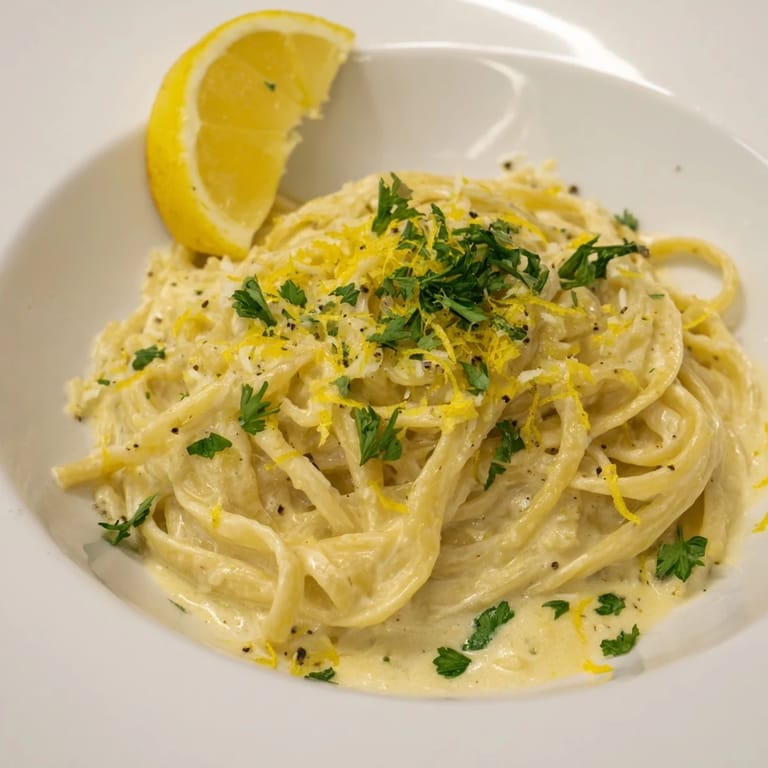 A close-up view of Lemon-Garlic Greek Yogurt Pasta with bright lemon zest and Parmesan cheese.