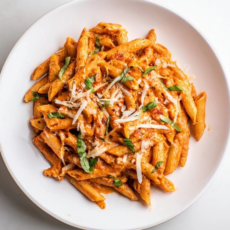 Close-up of the creamy Basil Garlic One-Pot Creamy Tomato Pasta, rich with tomato sauce.