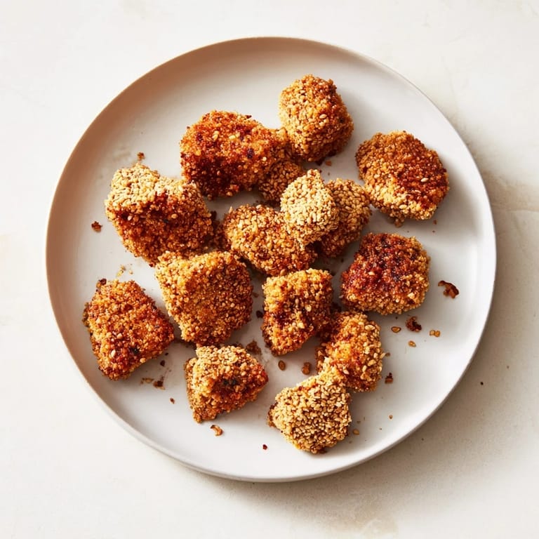 Crispy bite-sized pieces of Spicy Yogurt Chicken, perfectly golden after baking, ideal for dipping and enjoying.