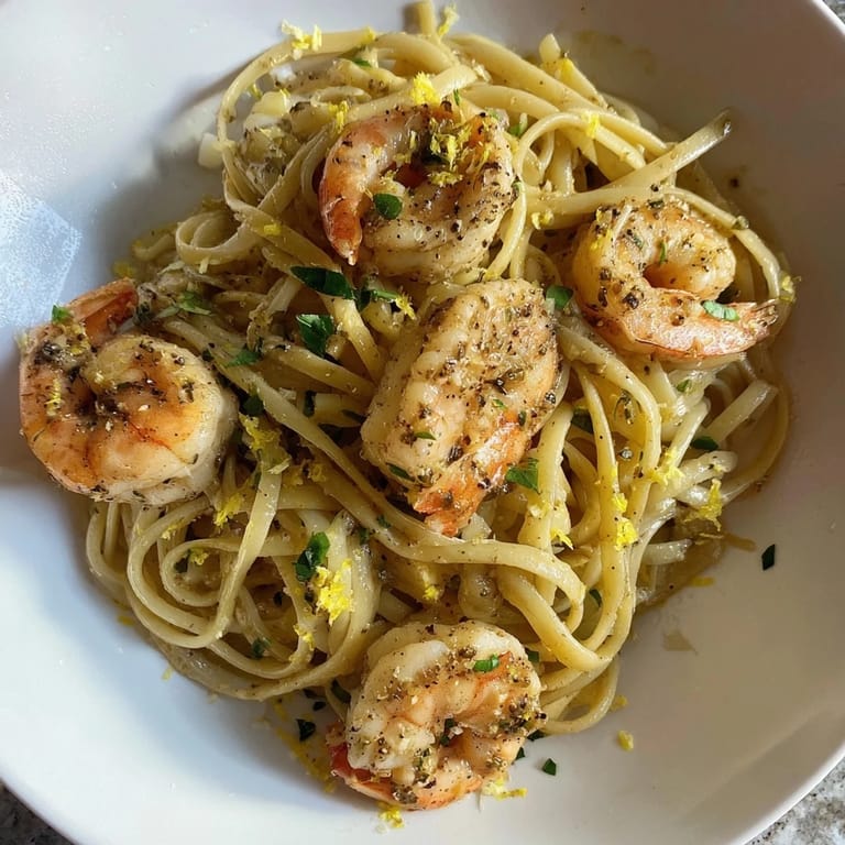 Close-up of perfectly plated Lemon Herb Pasta with Shrimp, showcasing juicy shrimp and pasta.