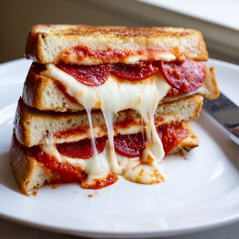 Enjoy a warm and delicious pizza grilled cheese sandwich, perfect with marinara sauce for dipping.