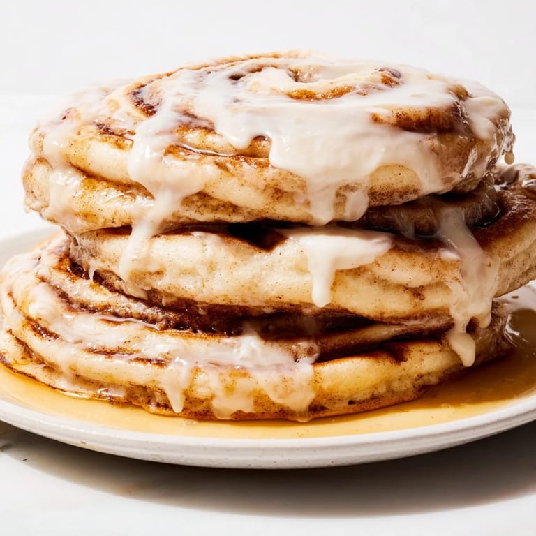 A stack of fluffy Cinnamon Roll Pancakes showing buttery swirls, ready to be devoured at brunch!